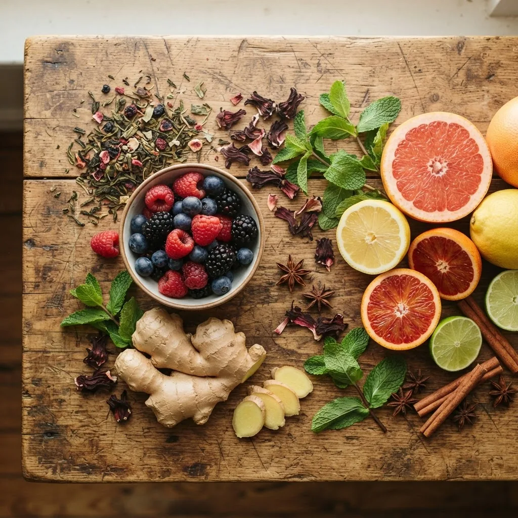 Flat lay of fresh fermentation ingredients