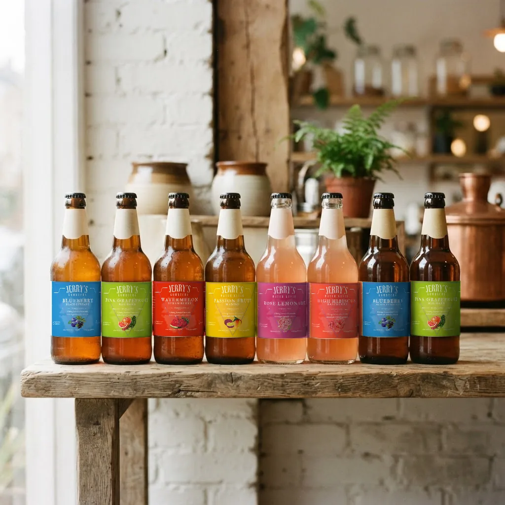 Row of craft fermented drink bottles on a shelf