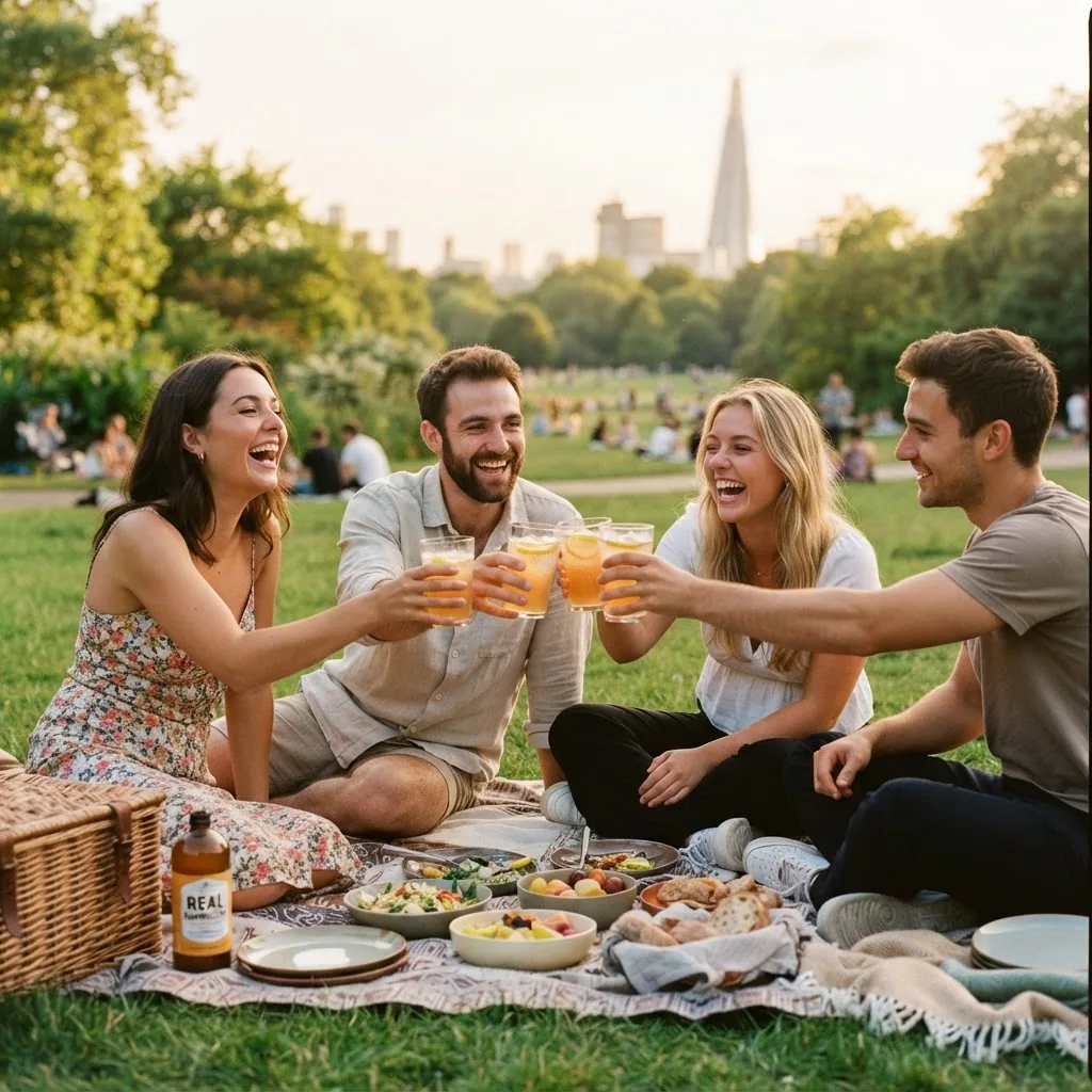 Friends clinking glasses at a summer picnic