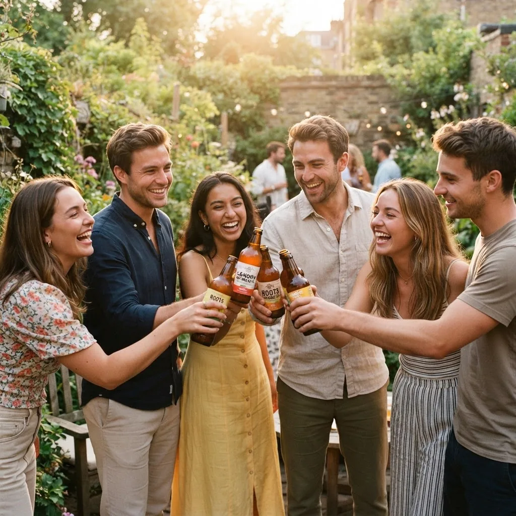 Friends toasting bottles of craft kombucha in a sunlit London garden