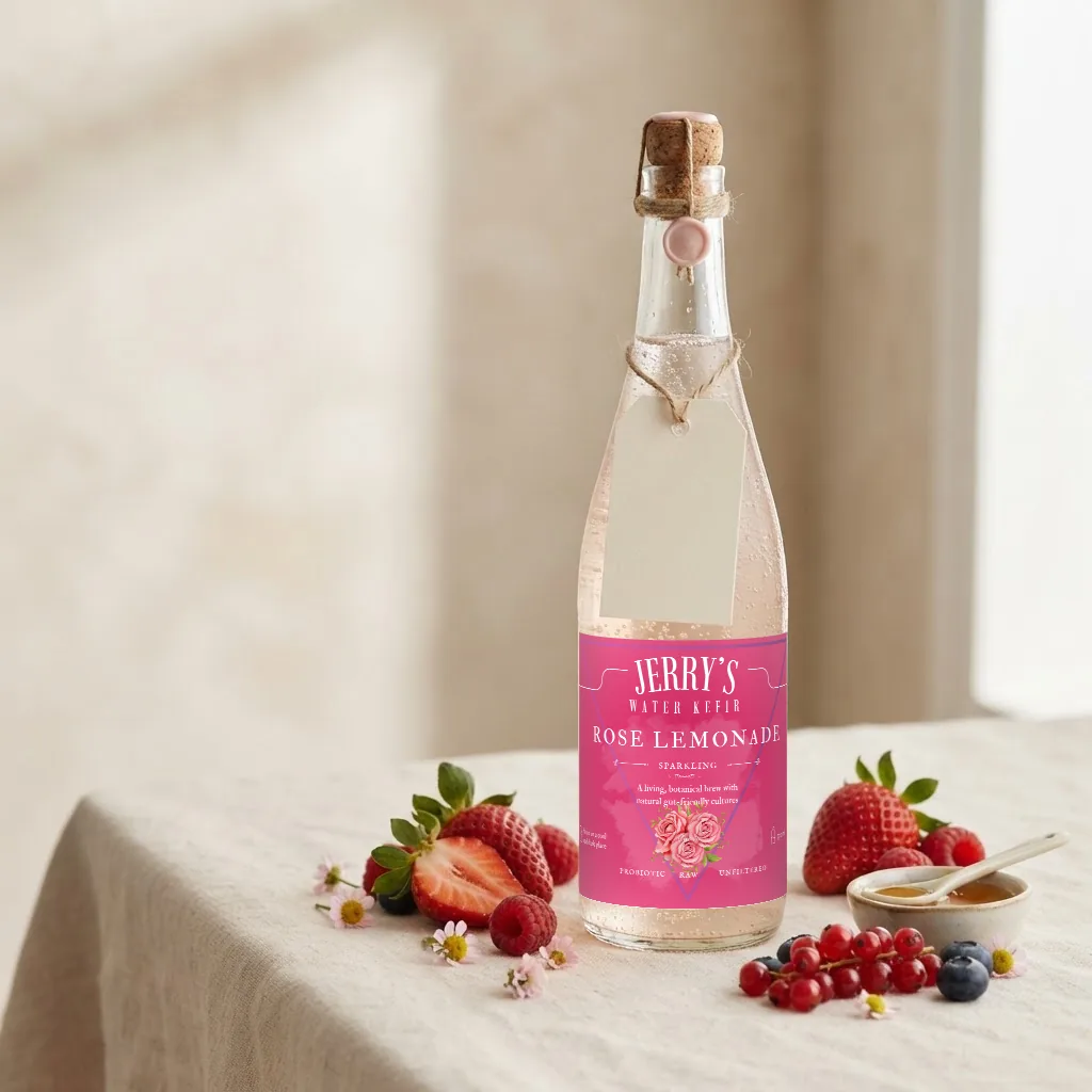 Glass bottle of sparkling blush water kefir with fresh strawberries